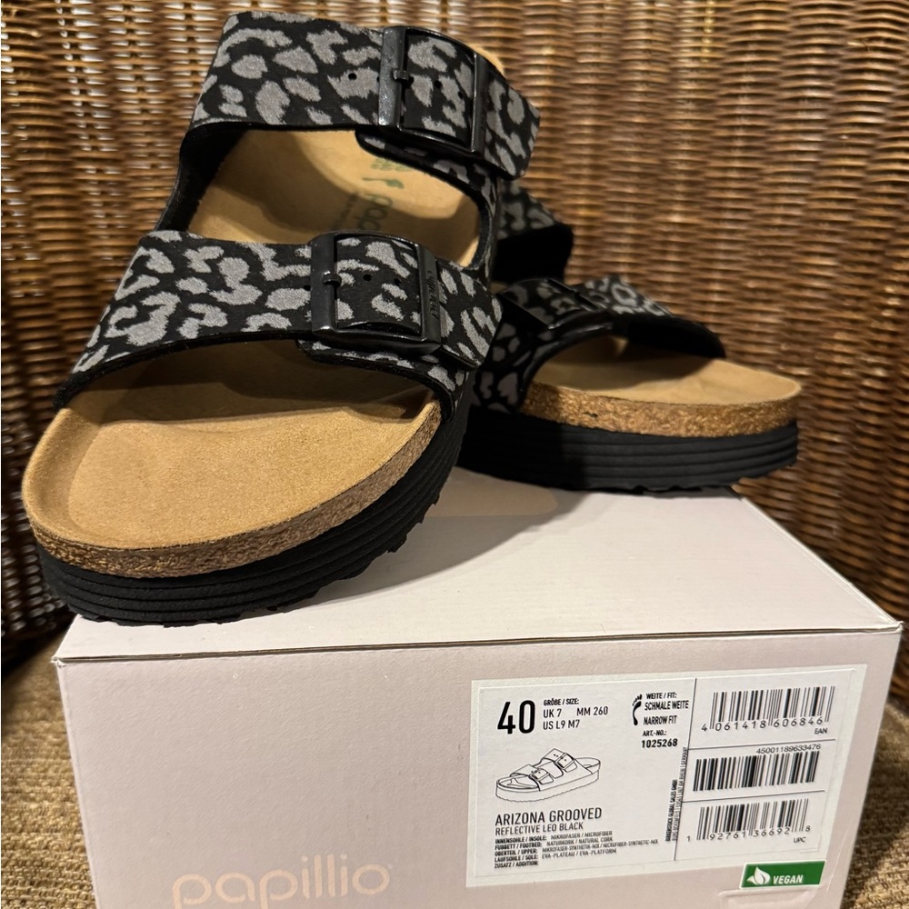 NWT - Papillon by Birkenstock Black and Gray Leopard Platform Sandals